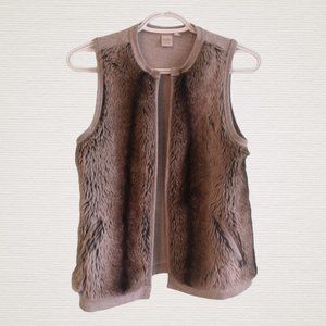 TWIK Simons Cozy Faux Fur Open Knit Cardigan Vest in Tan and Brown